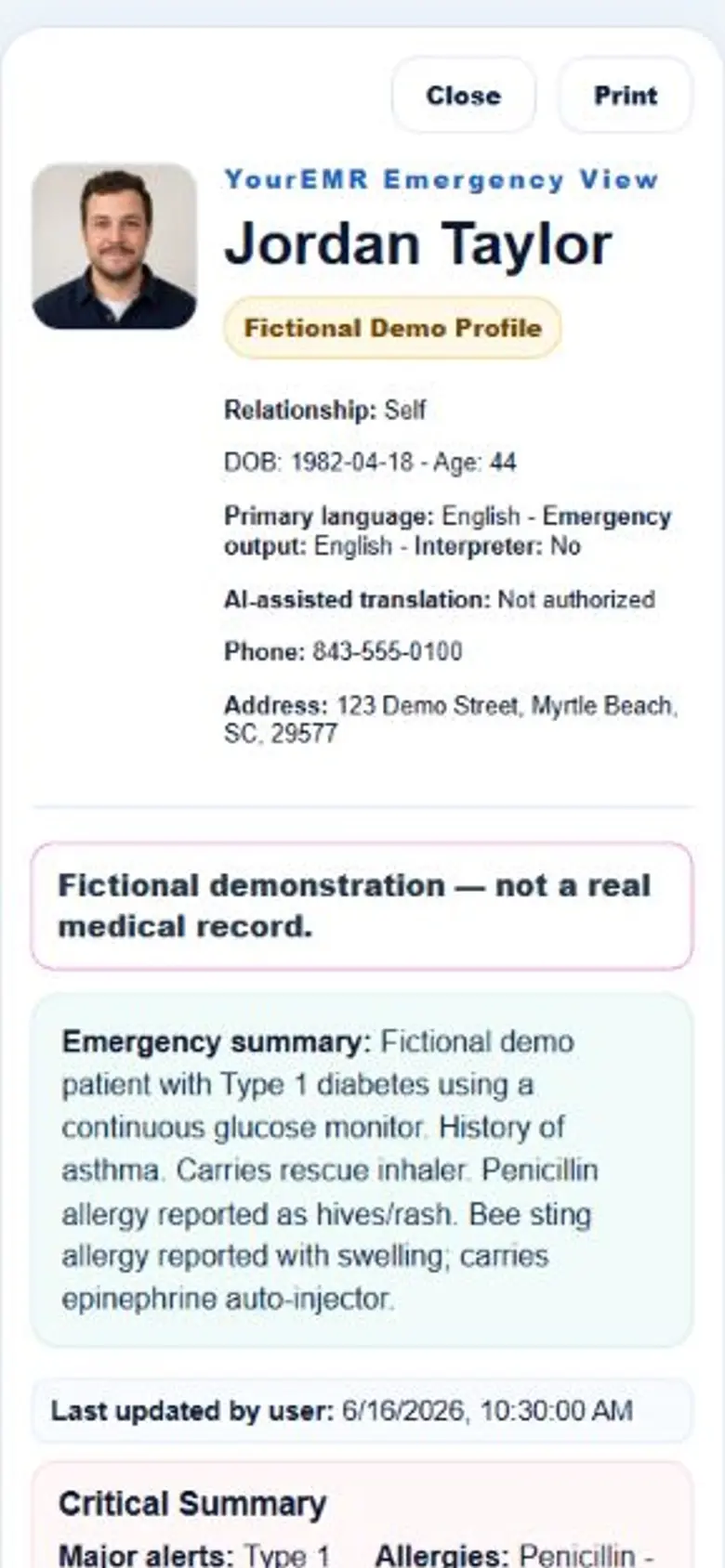 Actual YourEMR Emergency View of the fictional Jordan Taylor demo profile