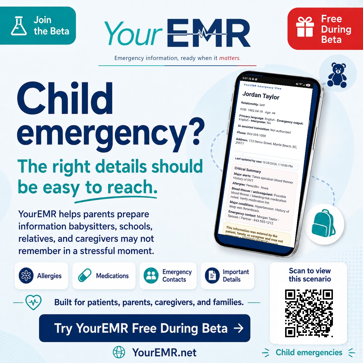 Child emergencies YourEMR scenario poster