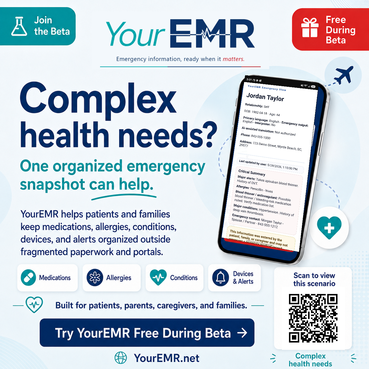 Complex health needs YourEMR scenario poster
