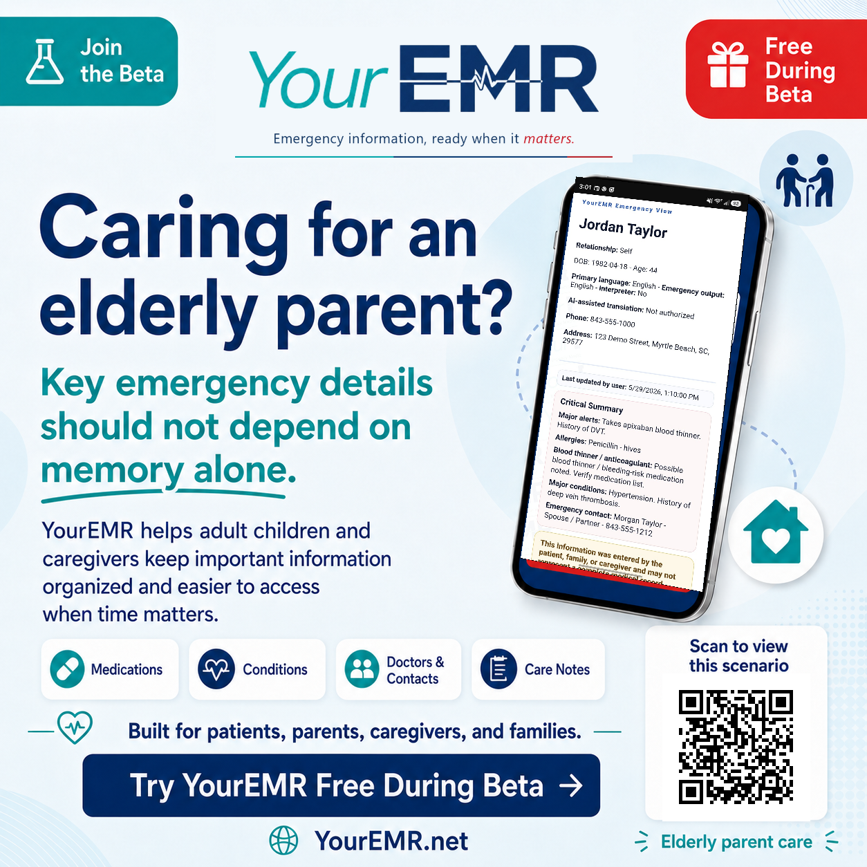 Elderly parent care YourEMR scenario poster