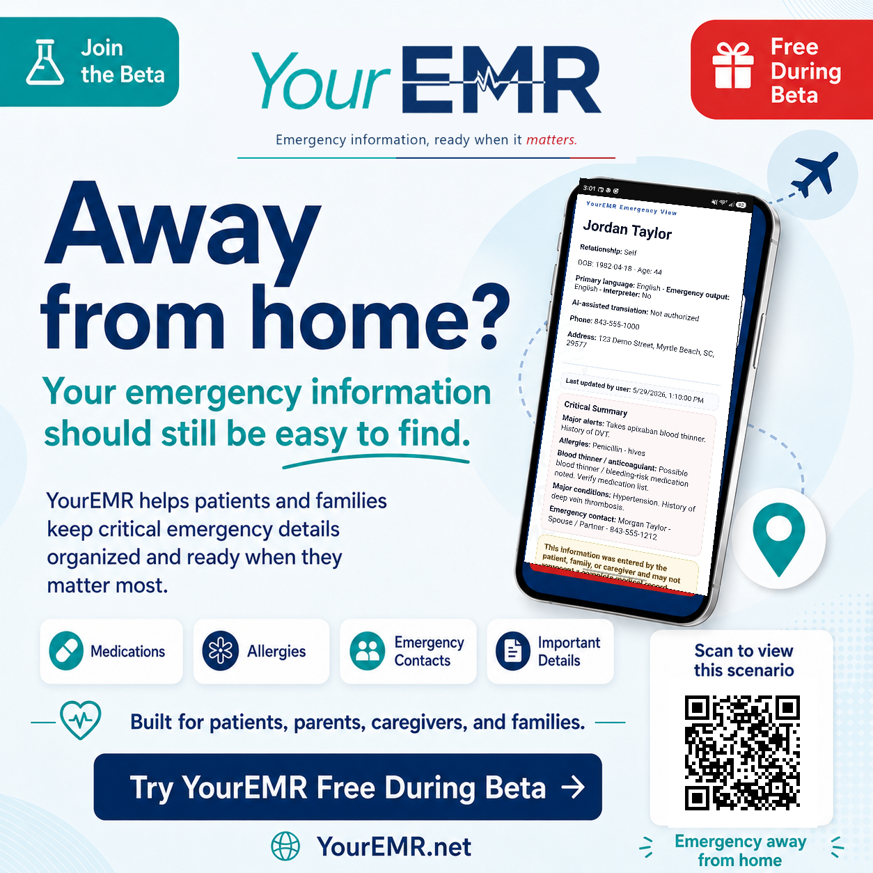 Emergency away from home YourEMR scenario poster