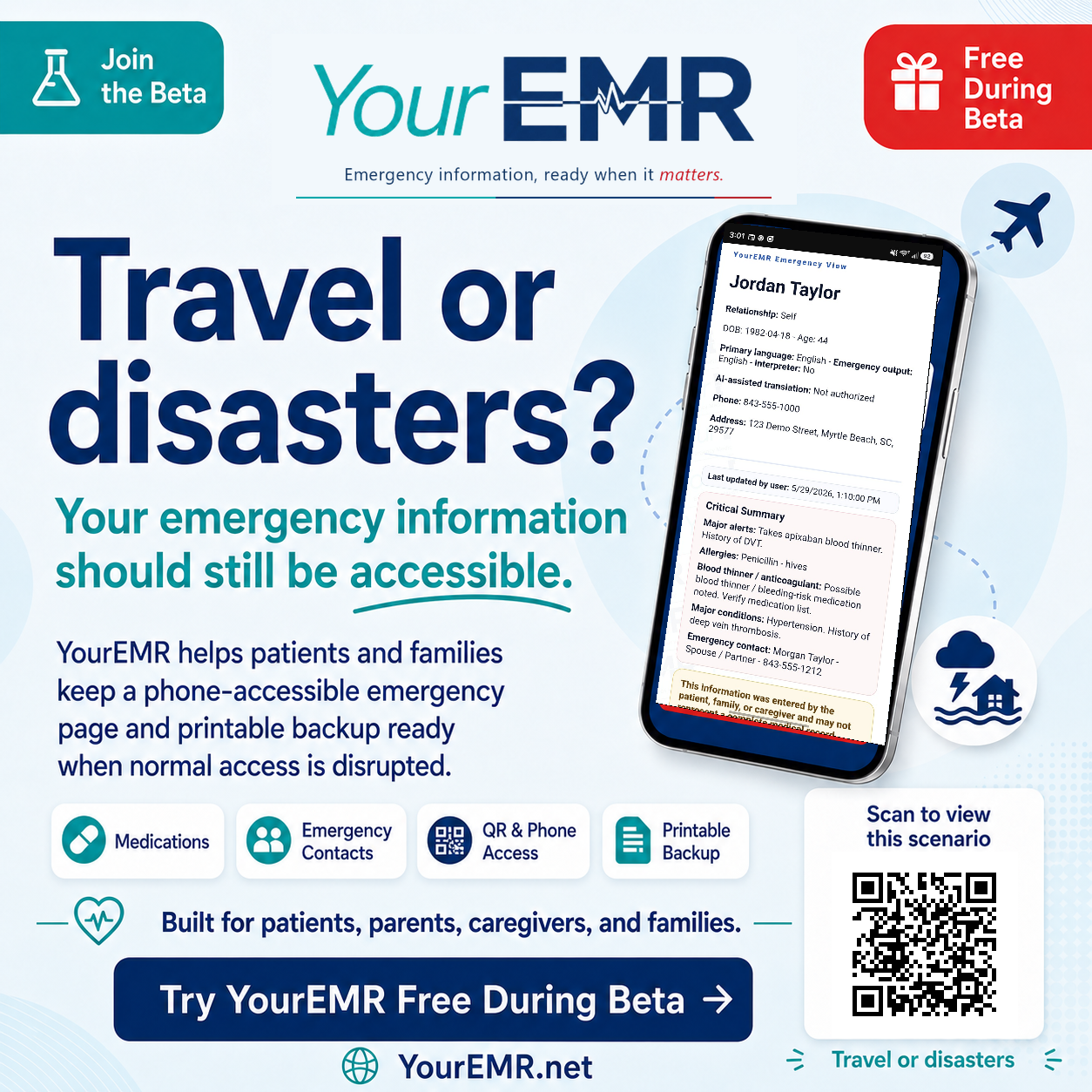 Travel or disasters YourEMR scenario poster