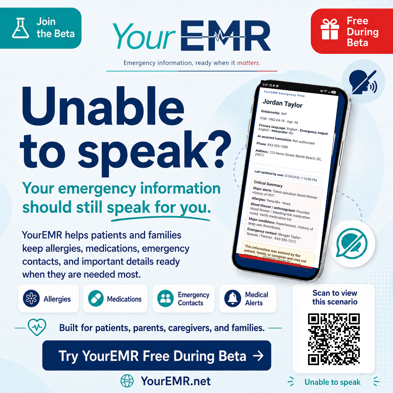 Unable to speak YourEMR scenario poster