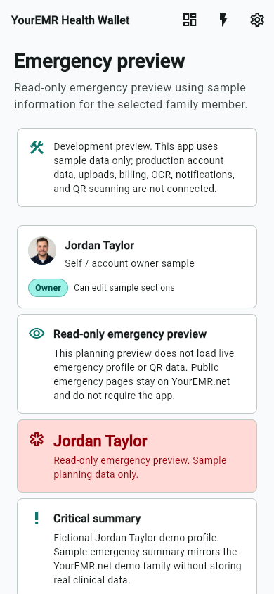 YourEMR in-development emergency preview screen showing sample read-only emergency information.