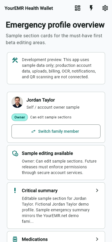 YourEMR in-development emergency profile overview with sample editable profile sections.