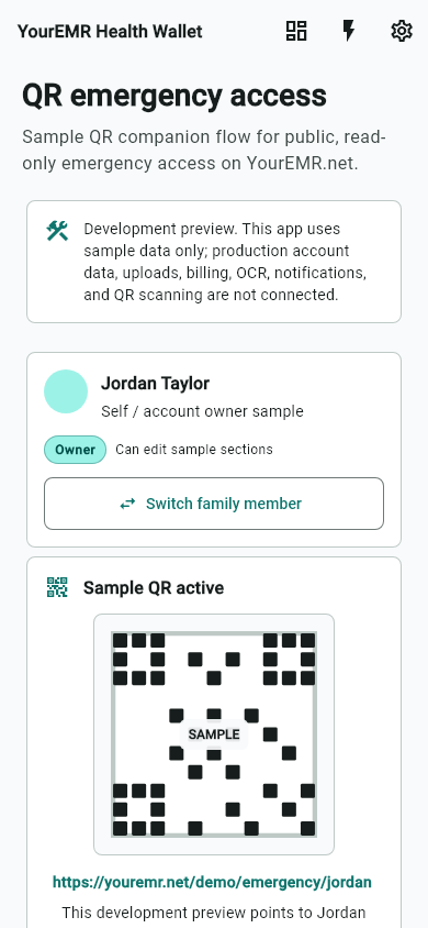 YourEMR in-development QR emergency access screen showing a sample QR card for YourEMR.net.