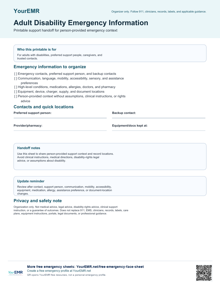 Preview of the YourEMR adult disability emergency information sheet printable.