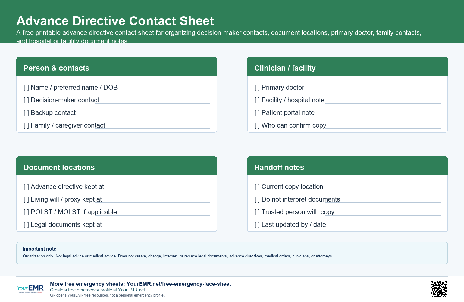Preview of the YourEMR advance directive contact sheet printable.