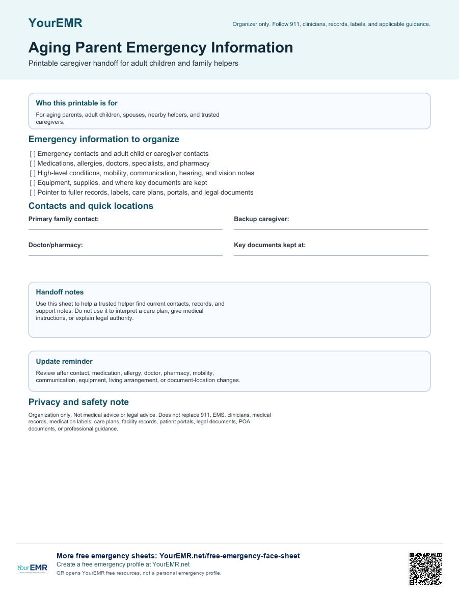 Preview of the YourEMR aging parent emergency information sheet printable.