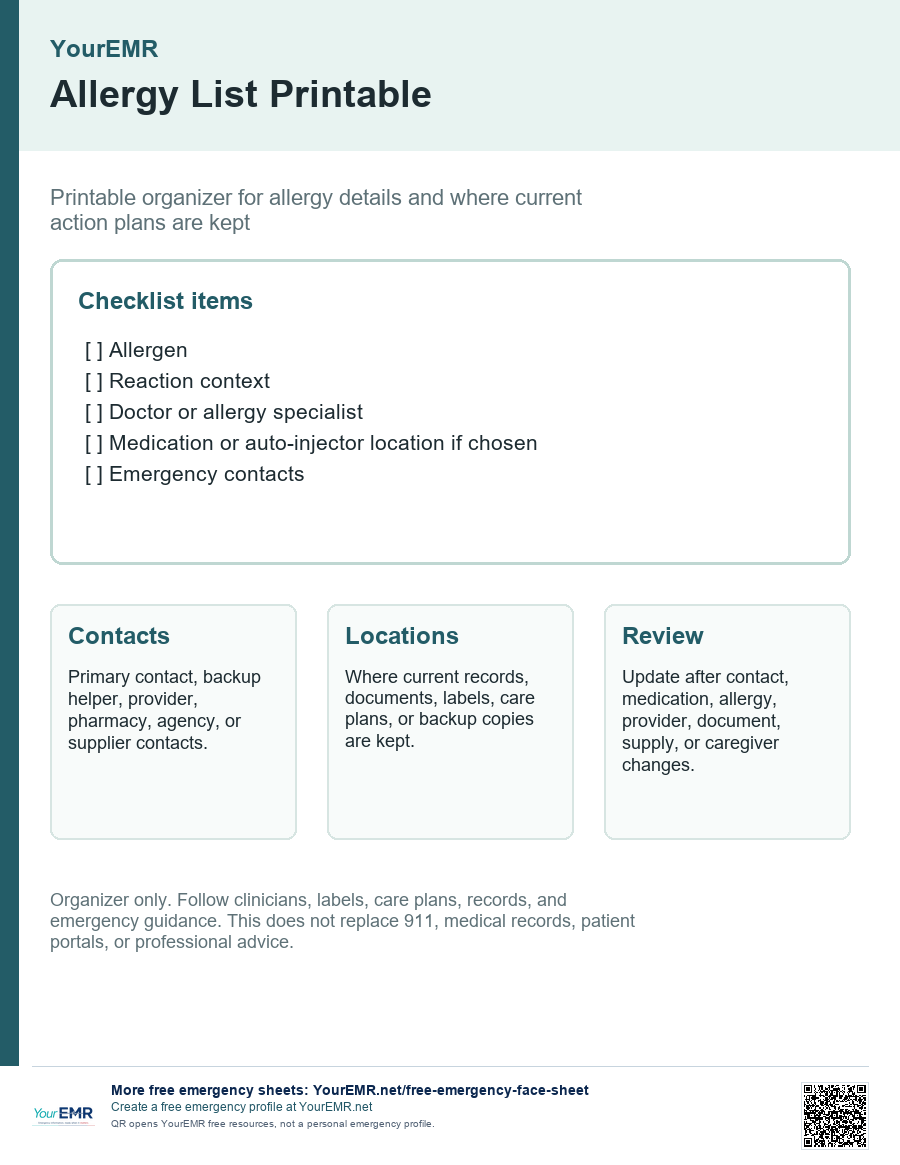 Preview of the YourEMR allergy list printable.
