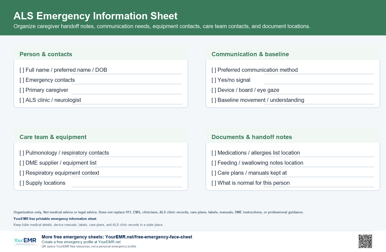 Preview of the YourEMR ALS emergency information sheet.