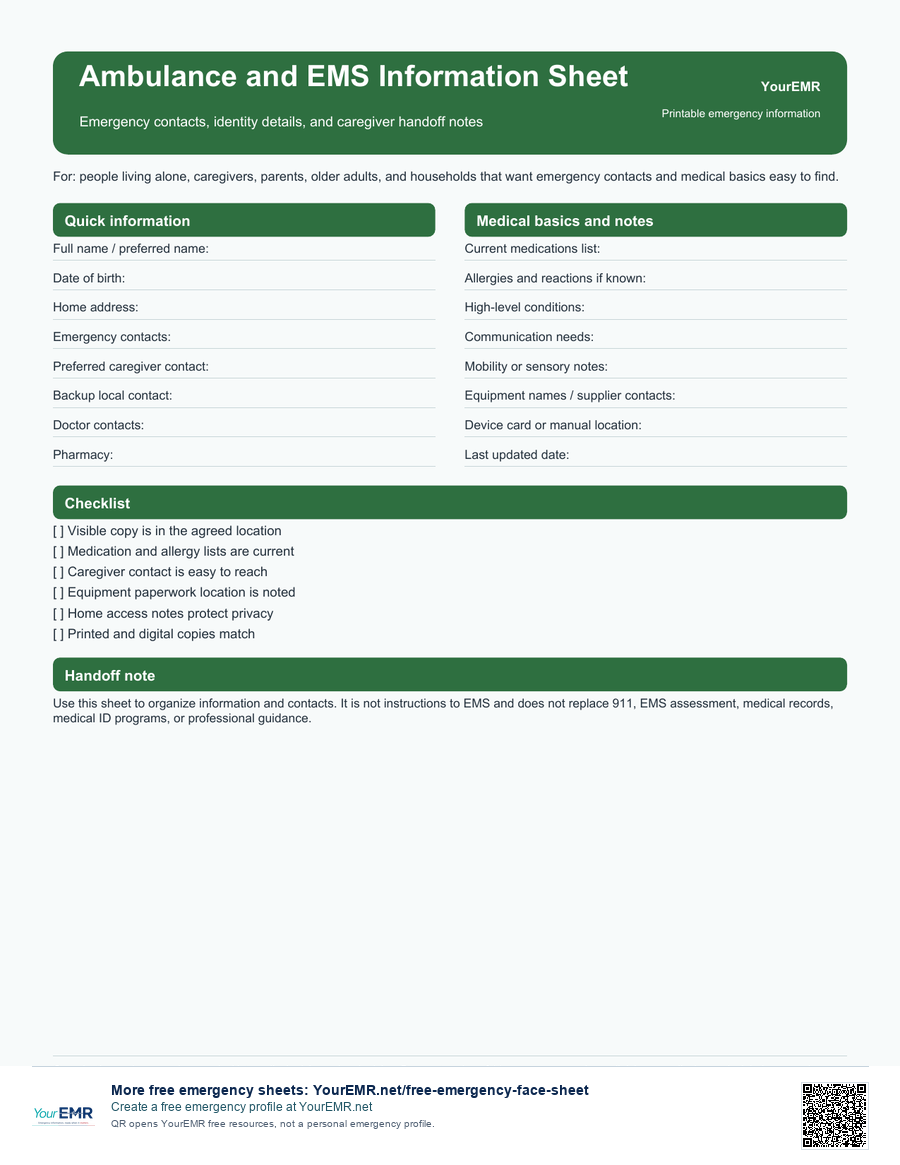 Preview of the YourEMR ambulance and EMS information sheet printable.