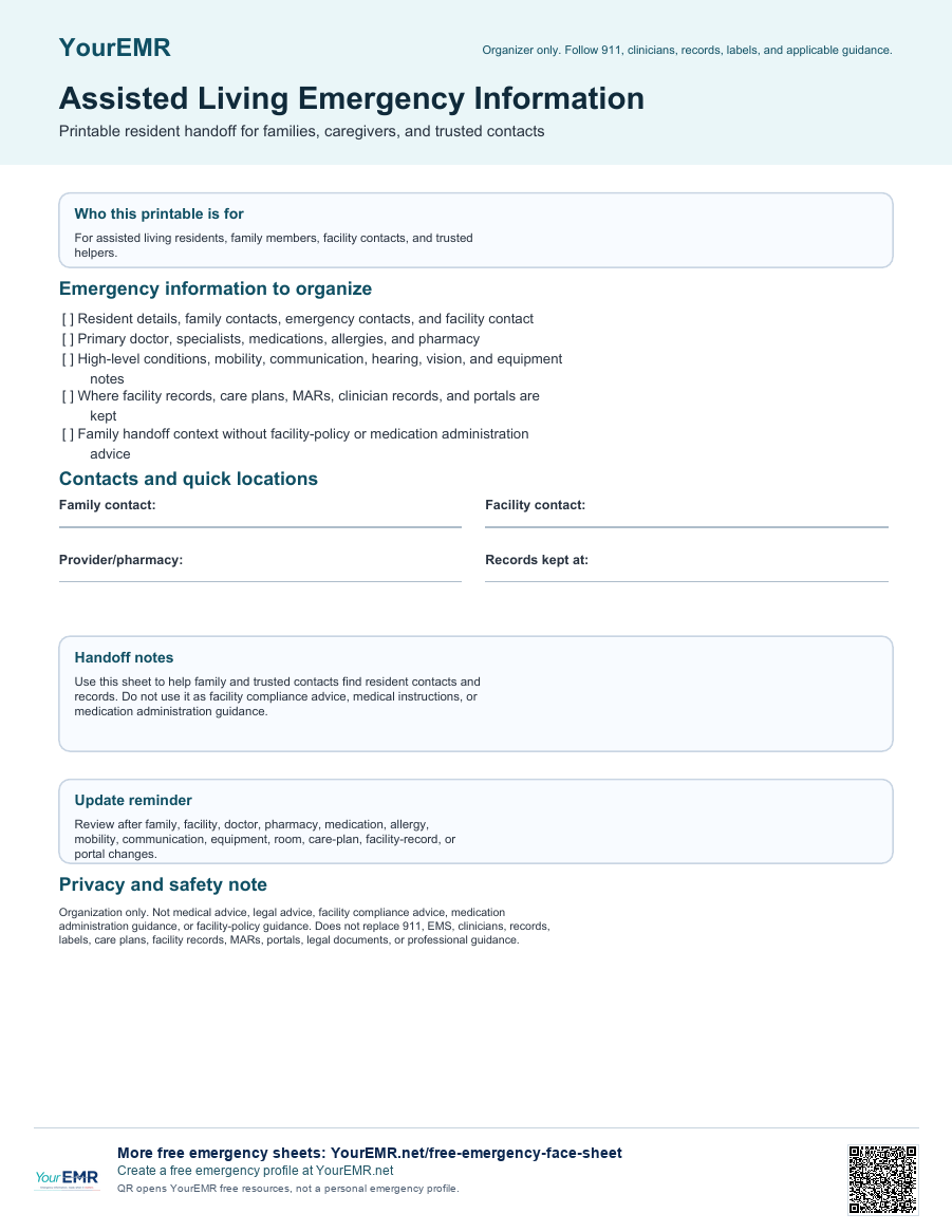 Preview of the YourEMR assisted living emergency information sheet printable.