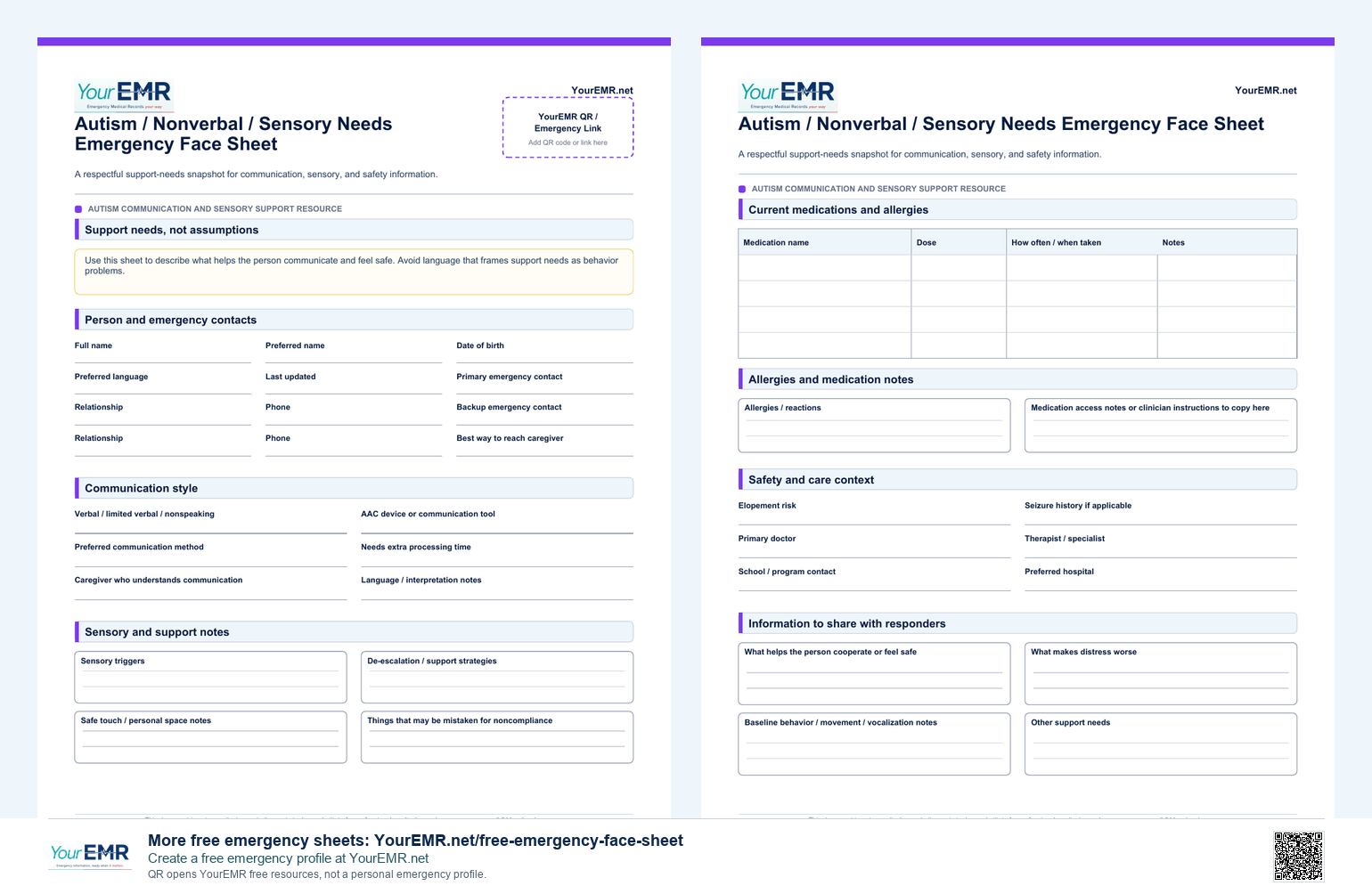Preview of the YourEMR autism, nonspeaking, and sensory emergency information sheet.