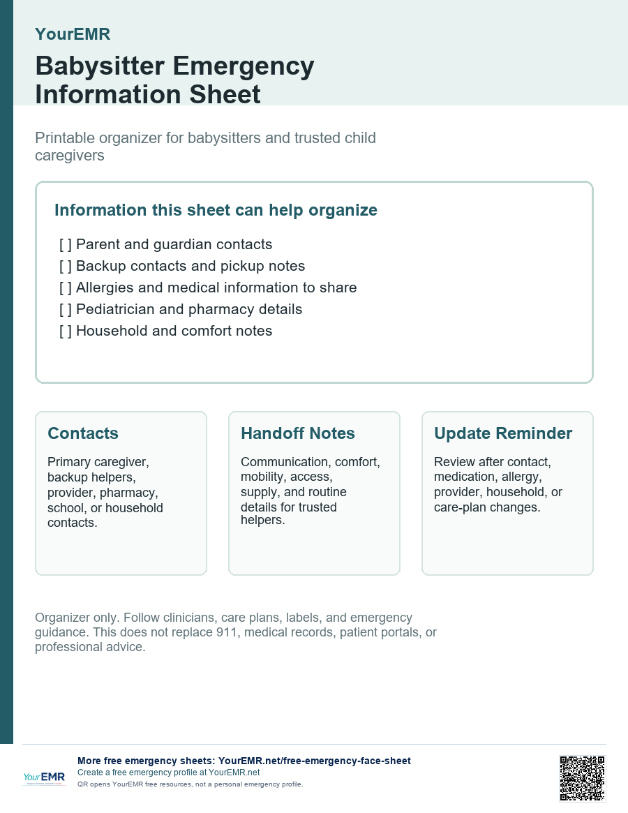 Preview of the YourEMR babysitter emergency information sheet.