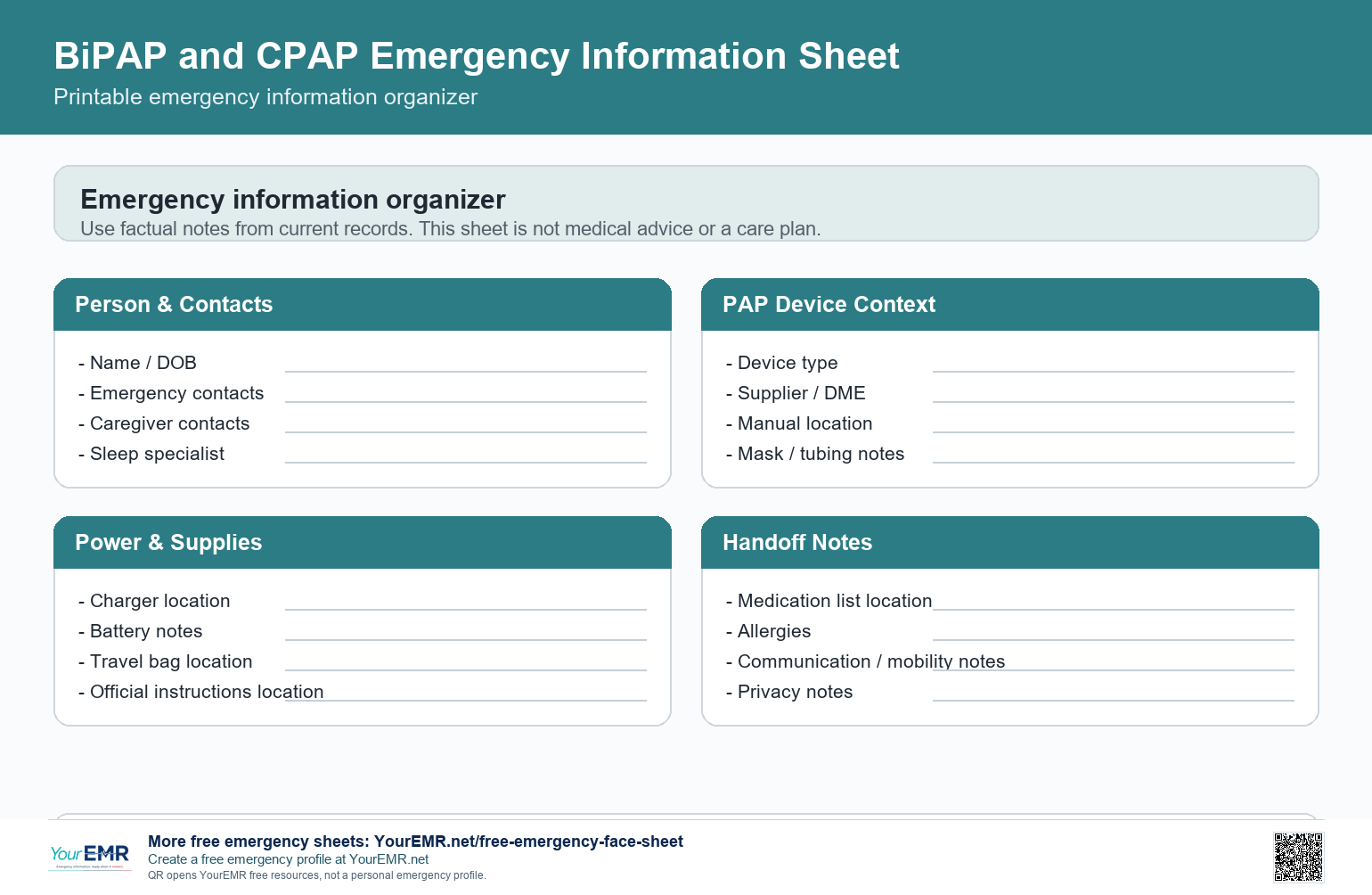 Preview of the YourEMR BiPAP and CPAP emergency information sheet.