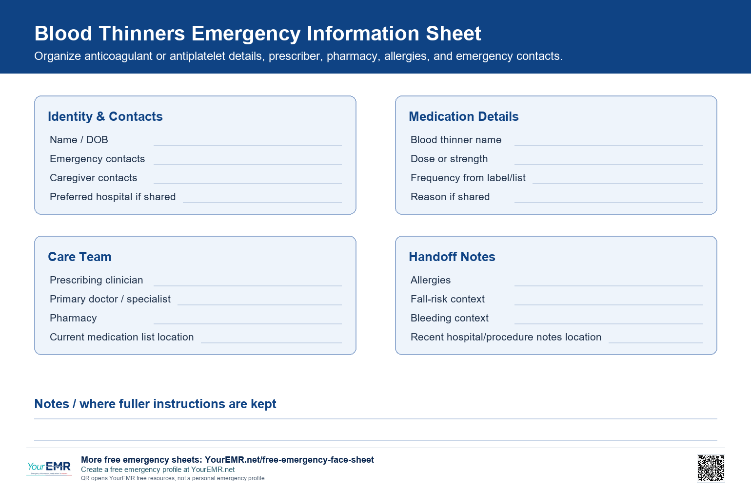 Preview of the YourEMR blood thinner emergency information sheet.