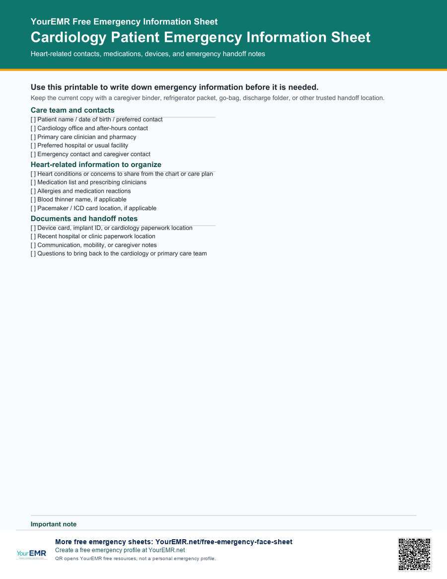 Preview of the YourEMR cardiology patient emergency information sheet printable.