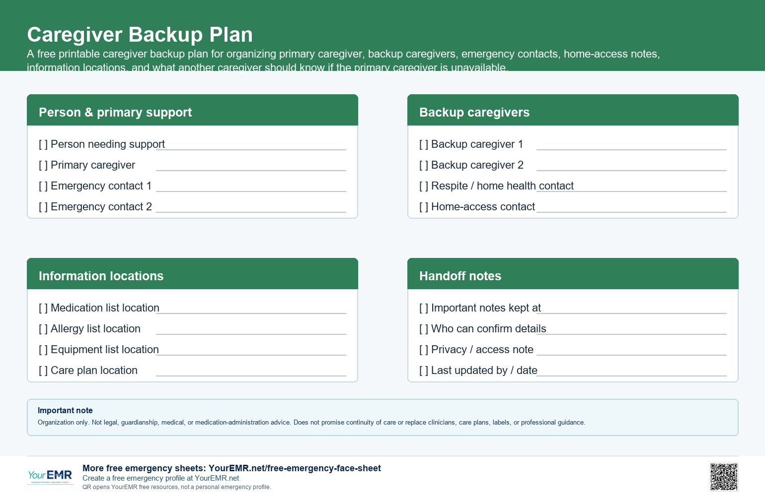 Preview of the YourEMR caregiver backup plan printable.