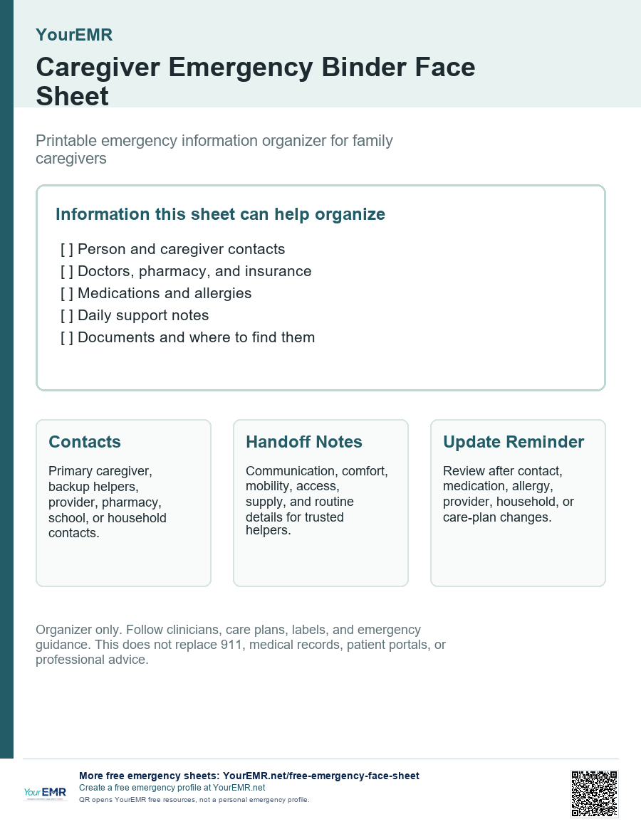 Preview of the YourEMR caregiver emergency binder face sheet.