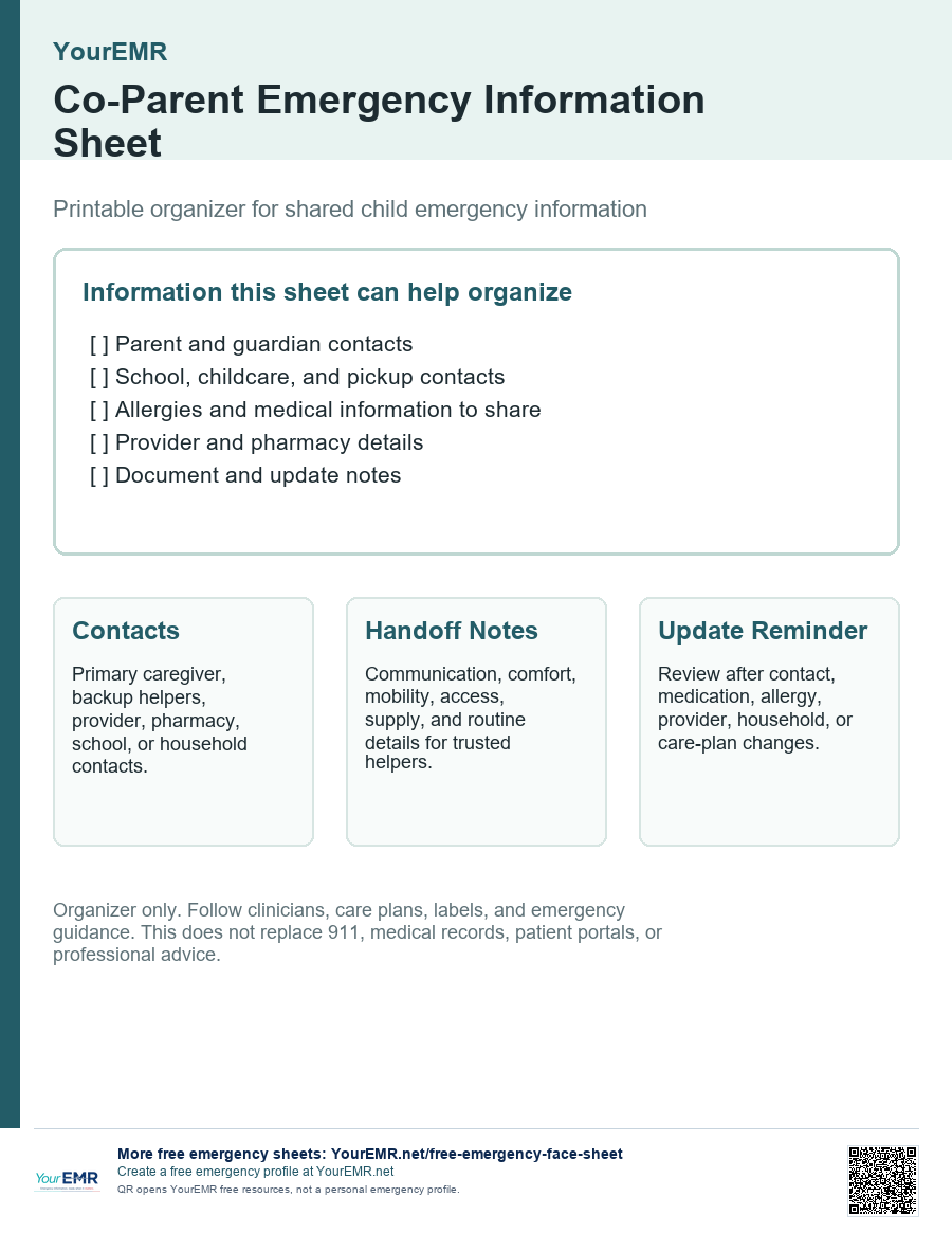 Preview of the YourEMR co-parent emergency information sheet.
