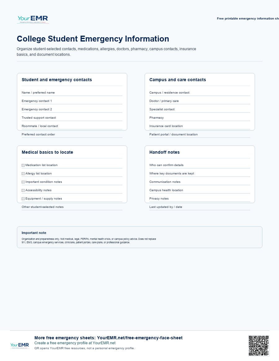 Preview of the YourEMR college student emergency information sheet printable.