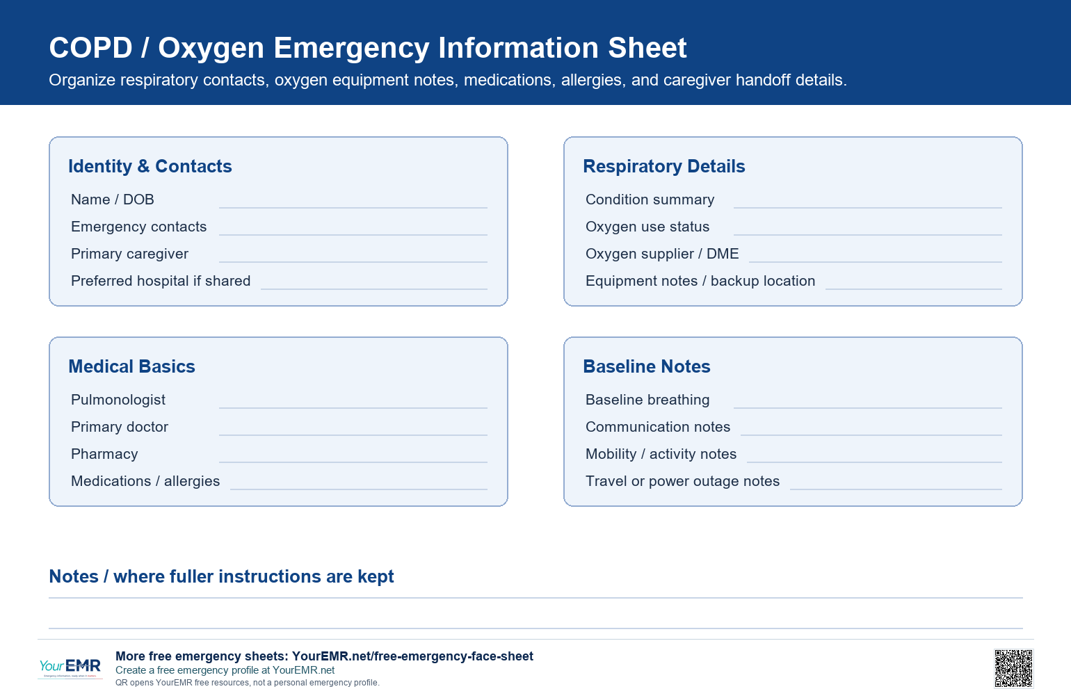 Preview of the YourEMR COPD and oxygen emergency information sheet.
