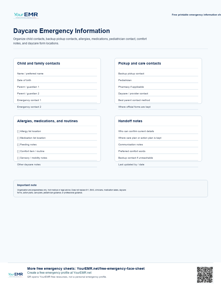 Preview of the YourEMR daycare emergency information sheet printable.