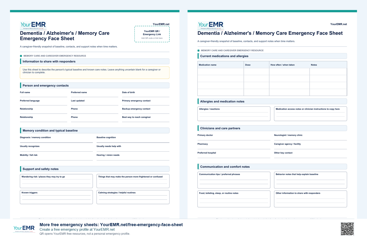 Preview of the YourEMR dementia and memory care emergency face sheet.