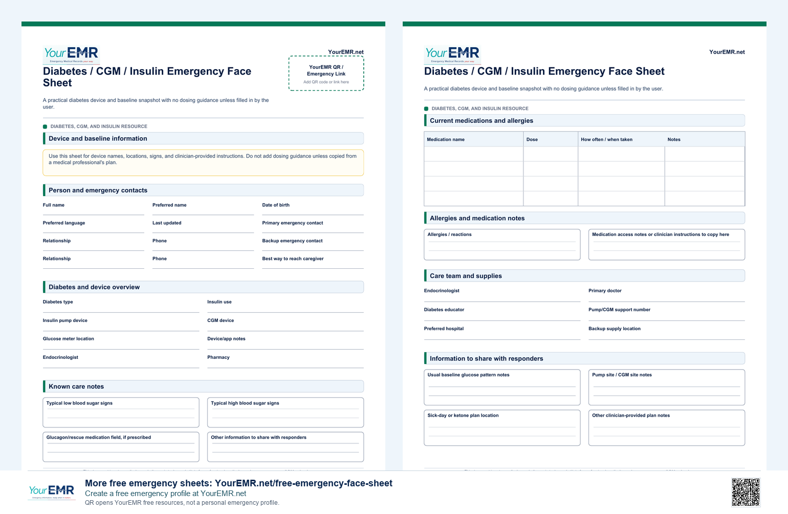 Preview of the YourEMR diabetes, CGM, and insulin emergency information sheet.