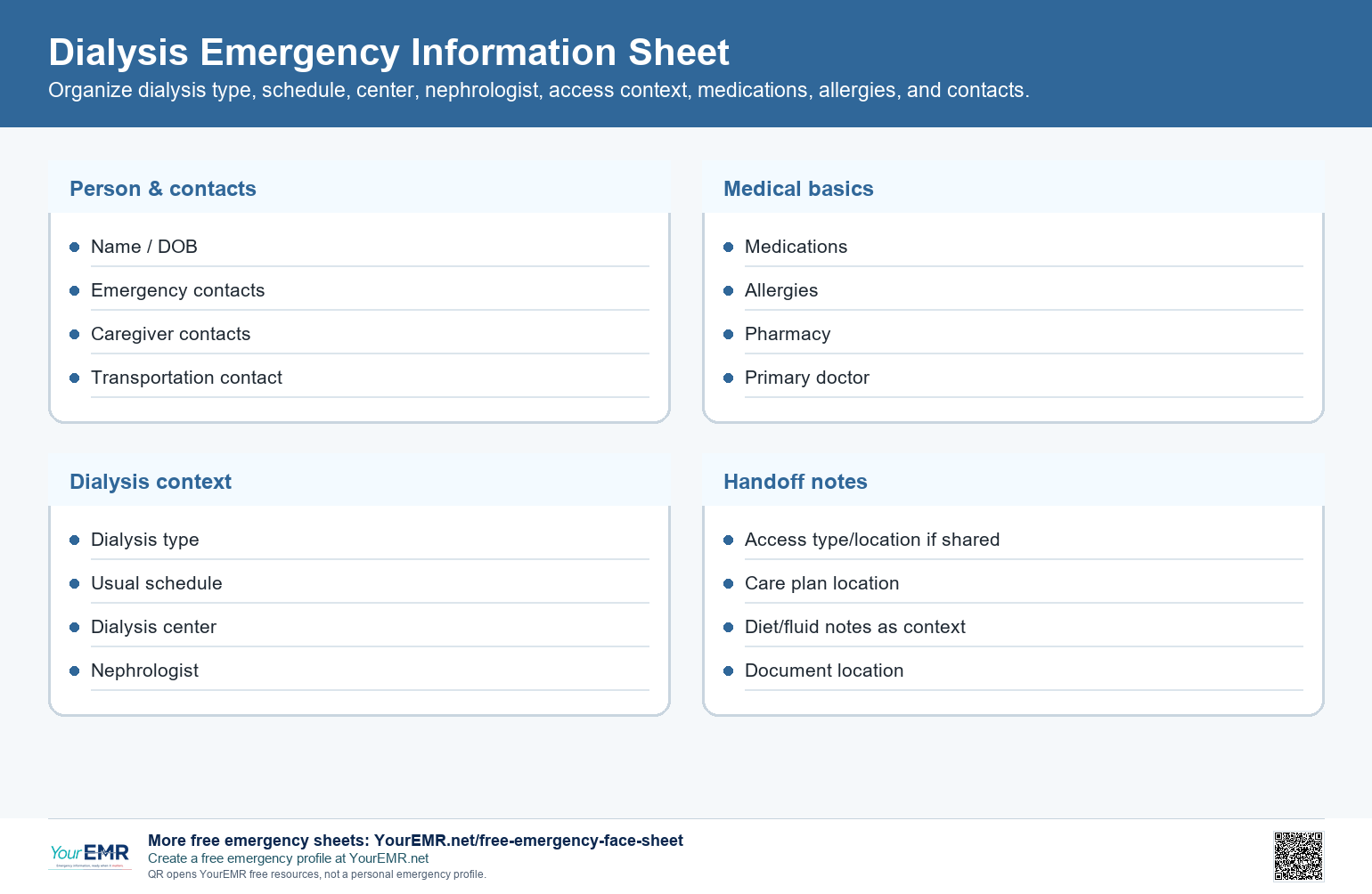 Preview of the YourEMR dialysis emergency information sheet.