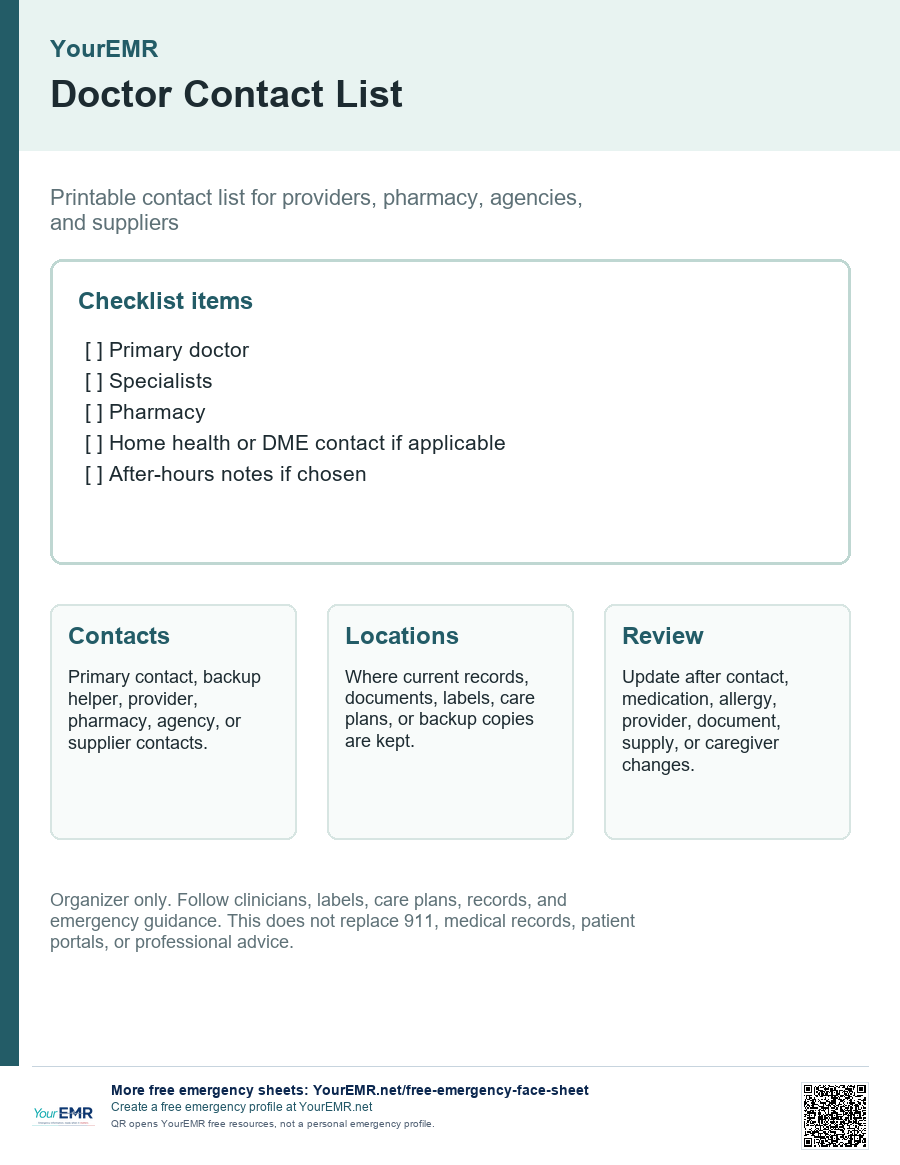 Preview of the YourEMR doctor contact list printable.