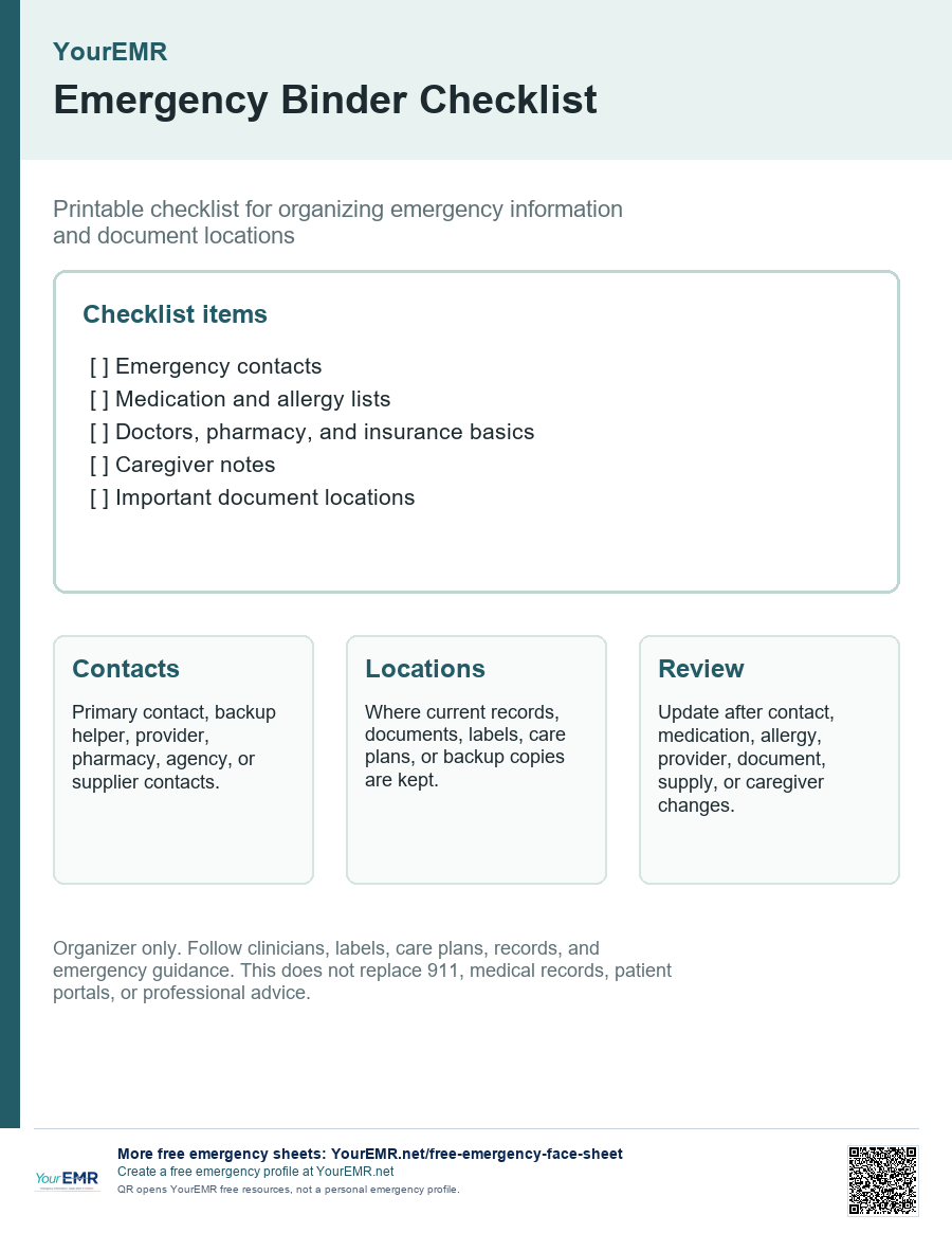 Preview of the YourEMR emergency binder checklist printable.