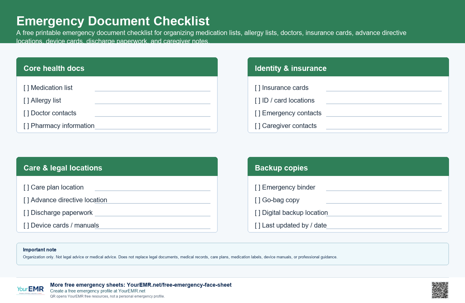 Preview of the YourEMR emergency document checklist printable.