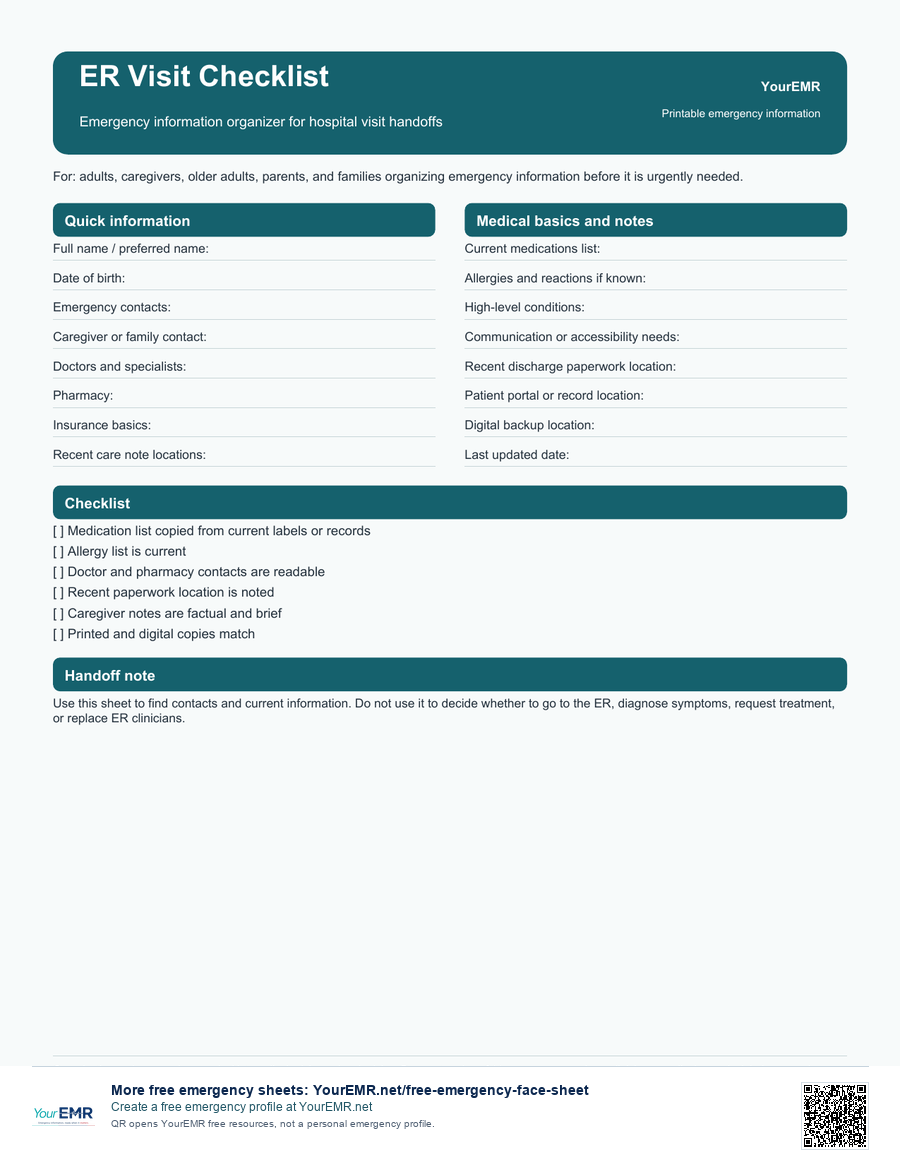 Preview of the YourEMR ER visit checklist printable.