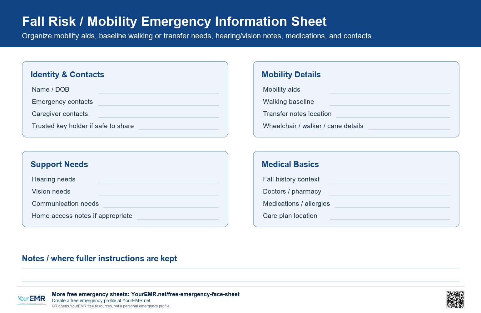 Preview of the YourEMR fall risk and mobility emergency information sheet.
