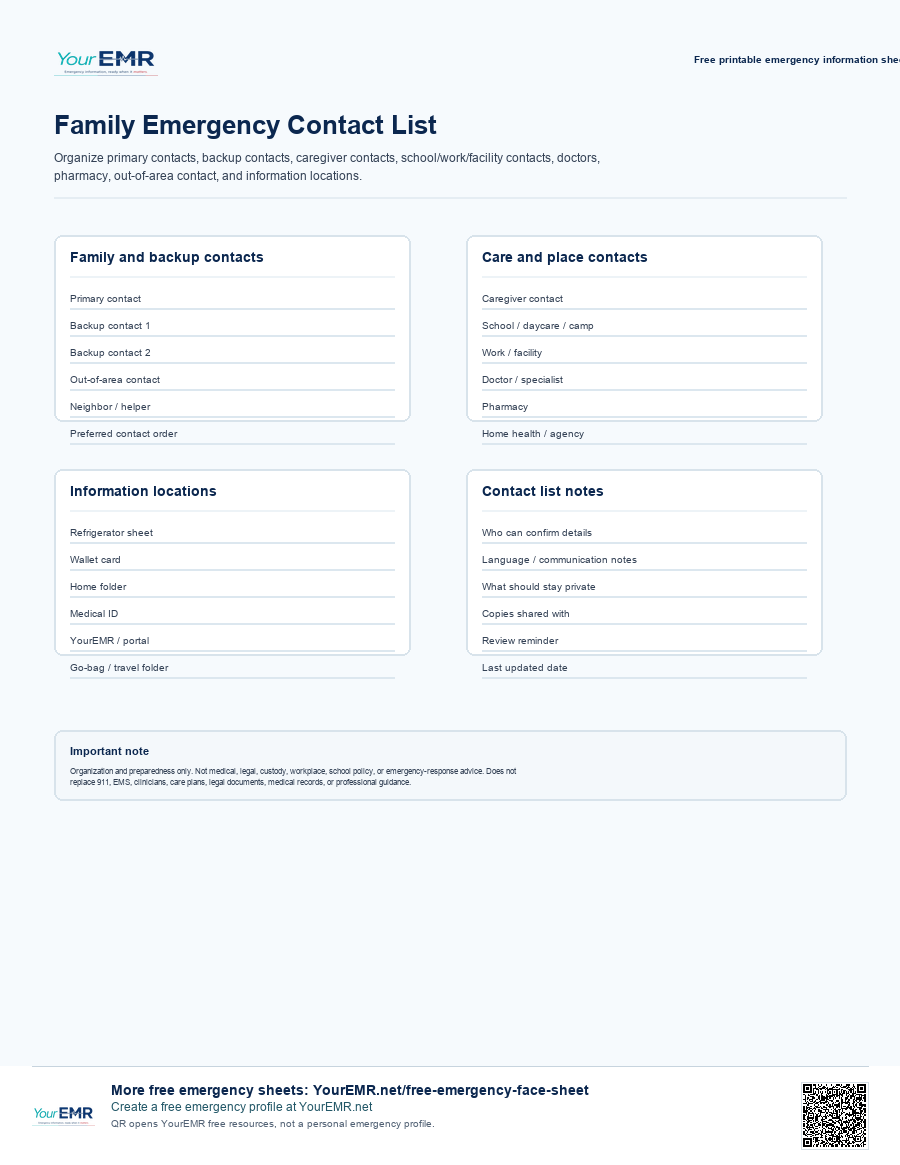 Preview of the YourEMR family emergency contact list printable.