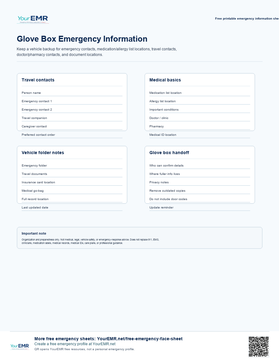 Preview of the YourEMR glove box emergency information sheet printable.