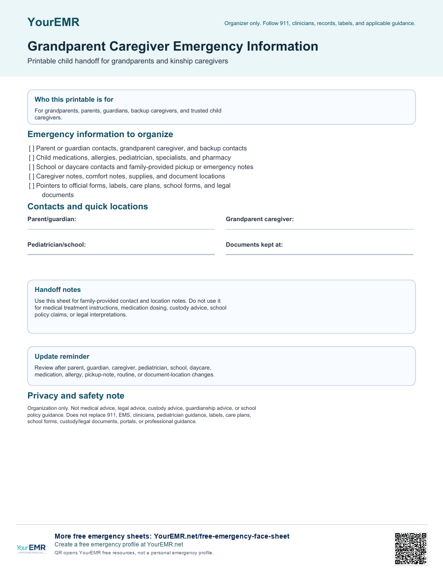 Preview of the YourEMR grandparent caregiver emergency information sheet printable.