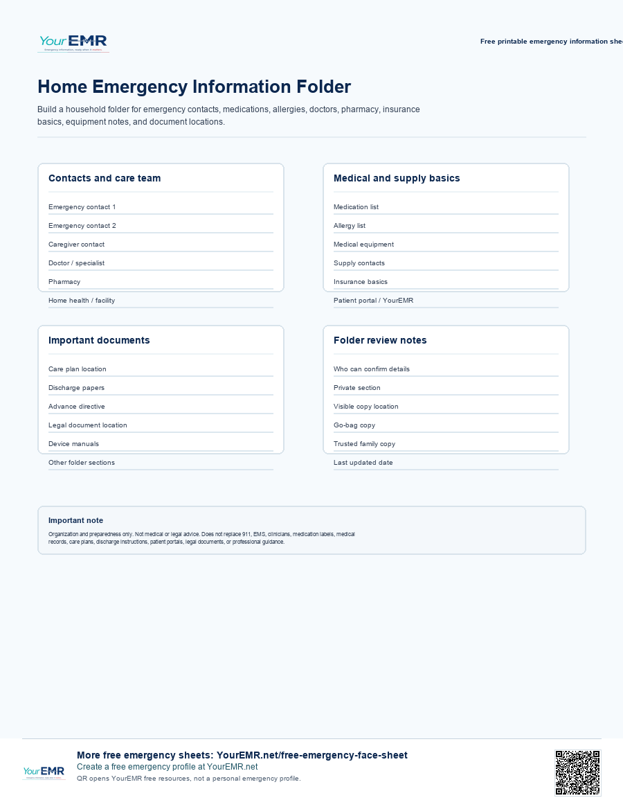 Preview of the YourEMR home emergency information folder printable.