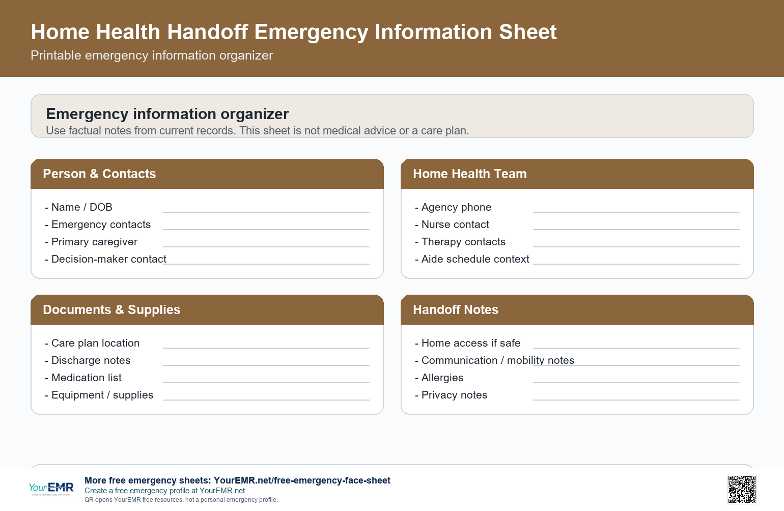 Preview of the YourEMR home health handoff emergency information sheet.
