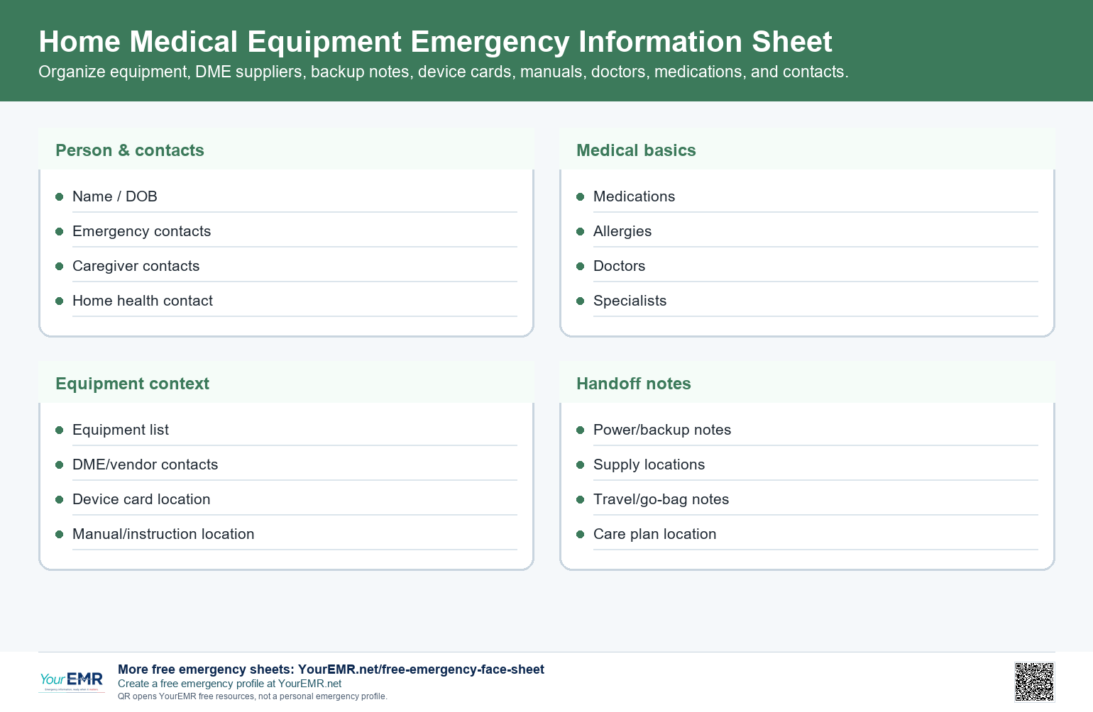 Preview of the YourEMR home medical equipment emergency information sheet.