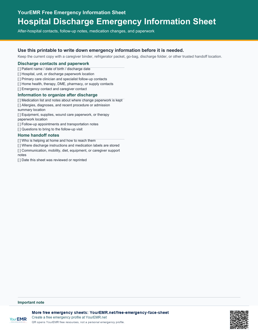 Preview of the YourEMR hospital discharge emergency information sheet printable.
