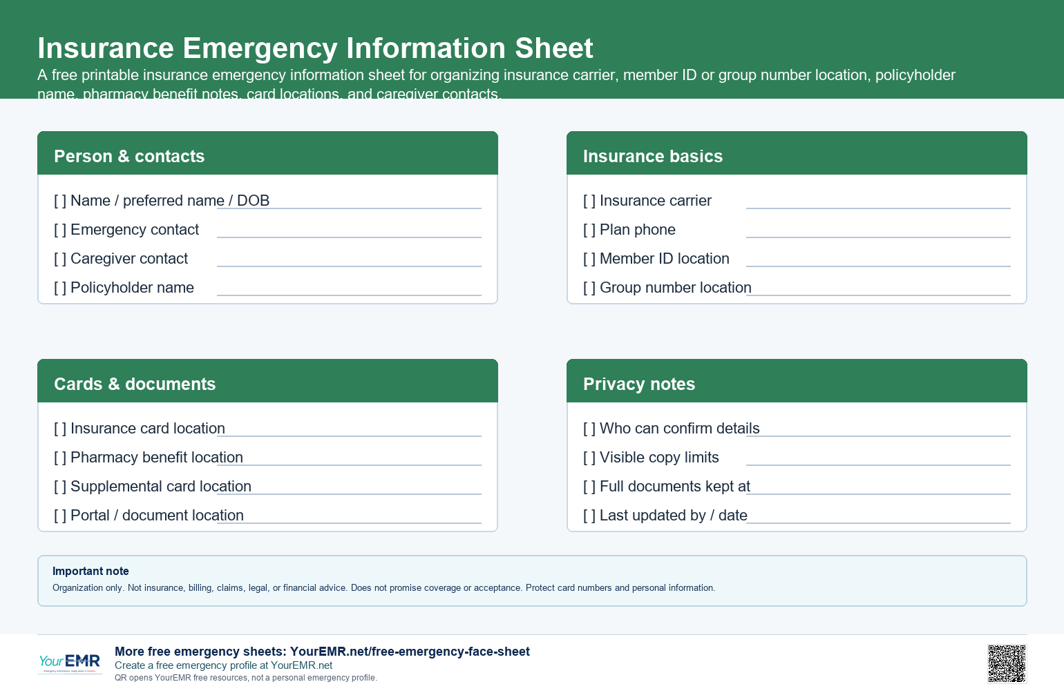 Preview of the YourEMR insurance emergency information sheet printable.