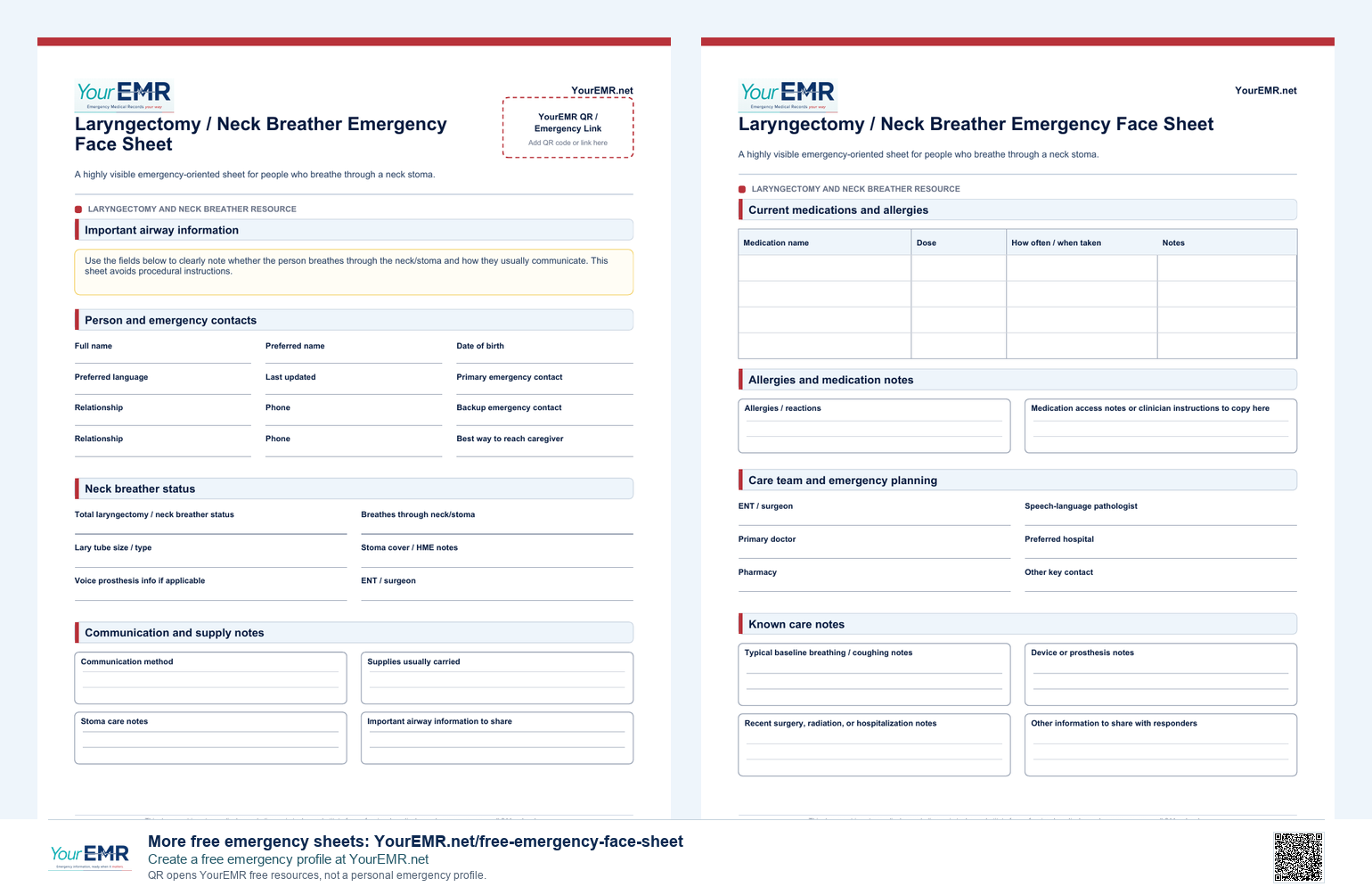 Preview of the YourEMR laryngectomy and neck breather emergency information sheet.