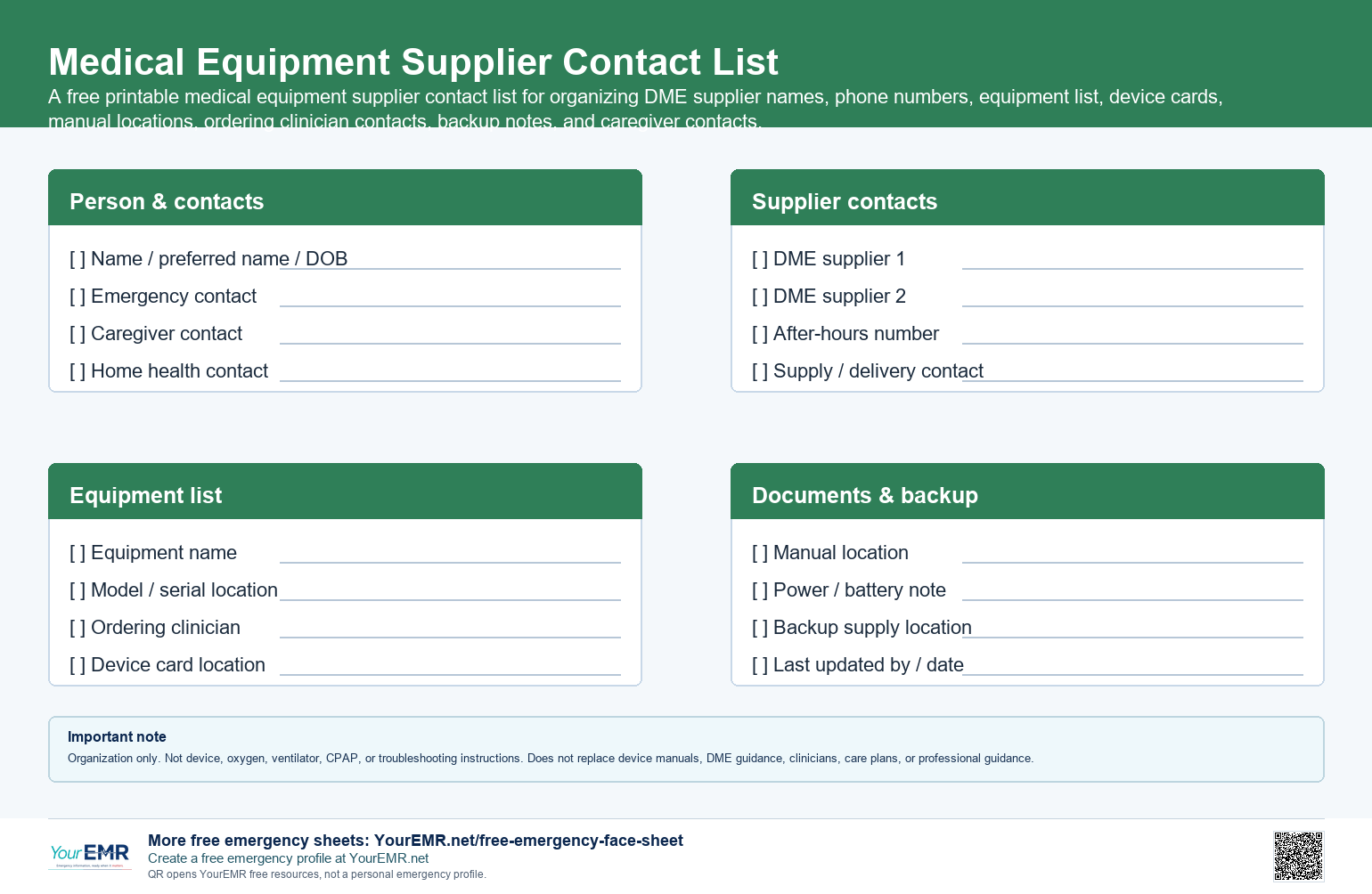 Preview of the YourEMR medical equipment supplier contact list printable.