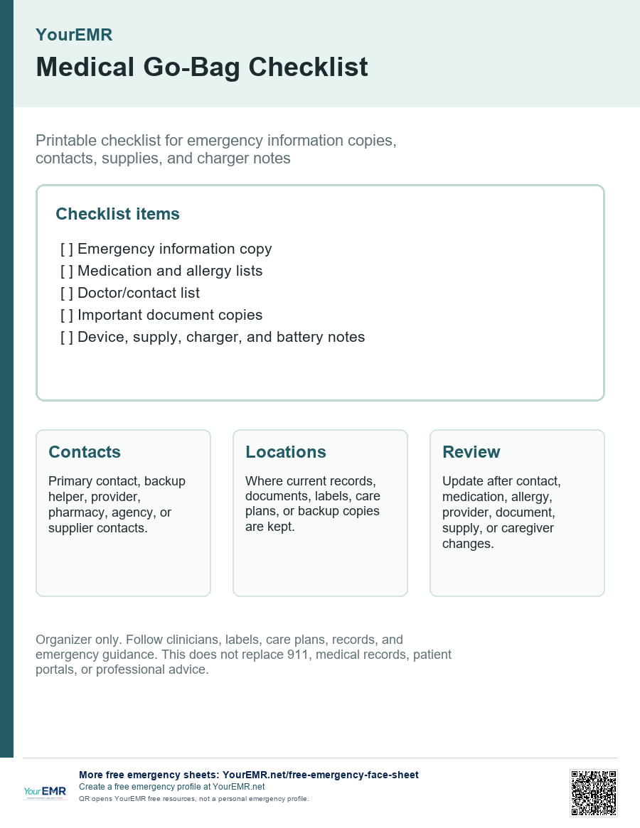 Preview of the YourEMR medical go-bag checklist printable.