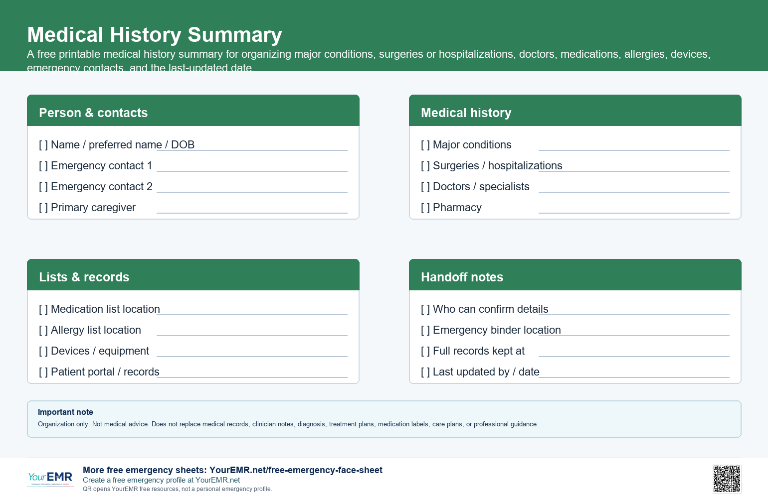 Preview of the YourEMR medical history summary printable.
