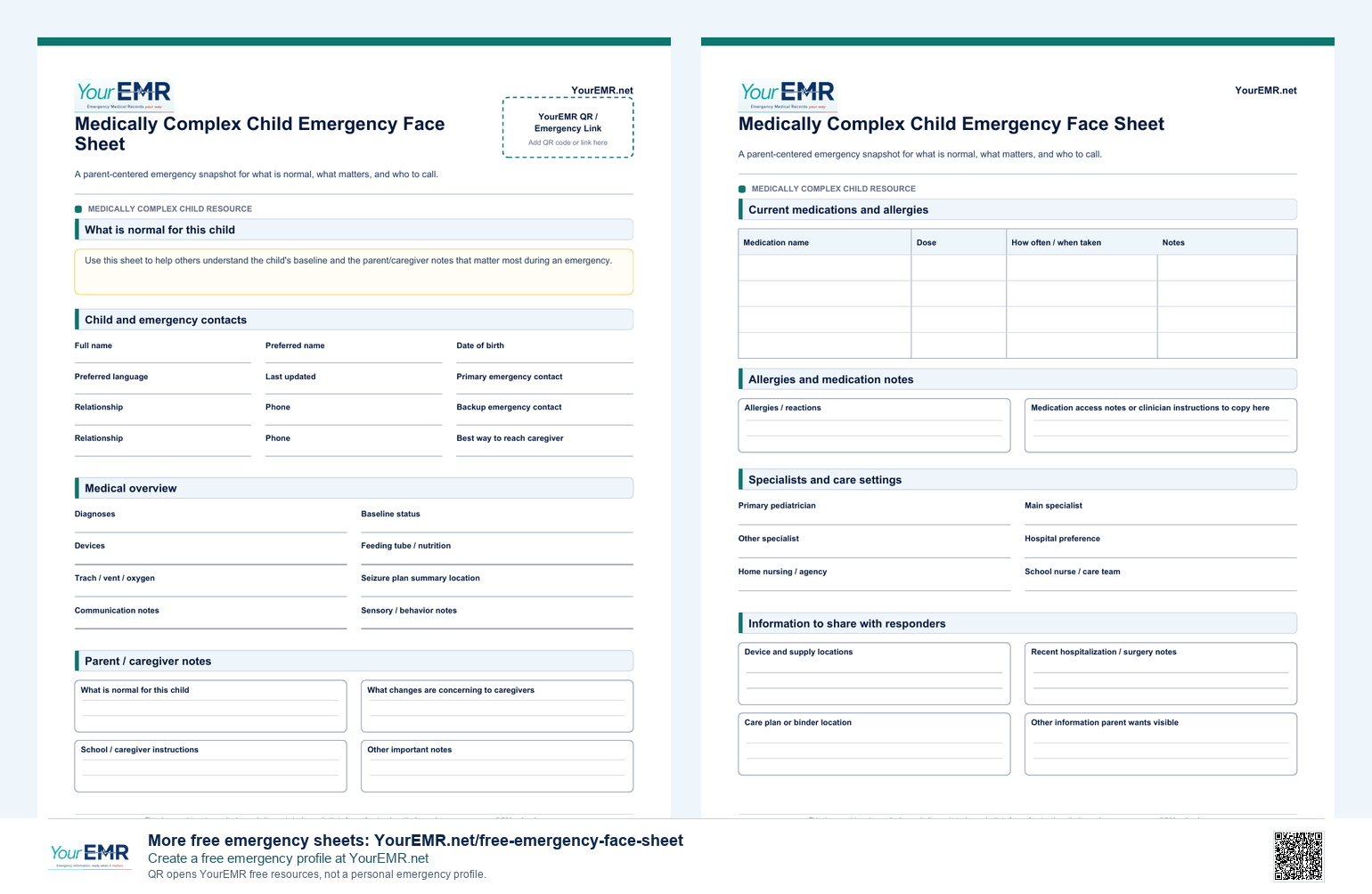 Preview of the YourEMR medically complex child emergency information sheet.