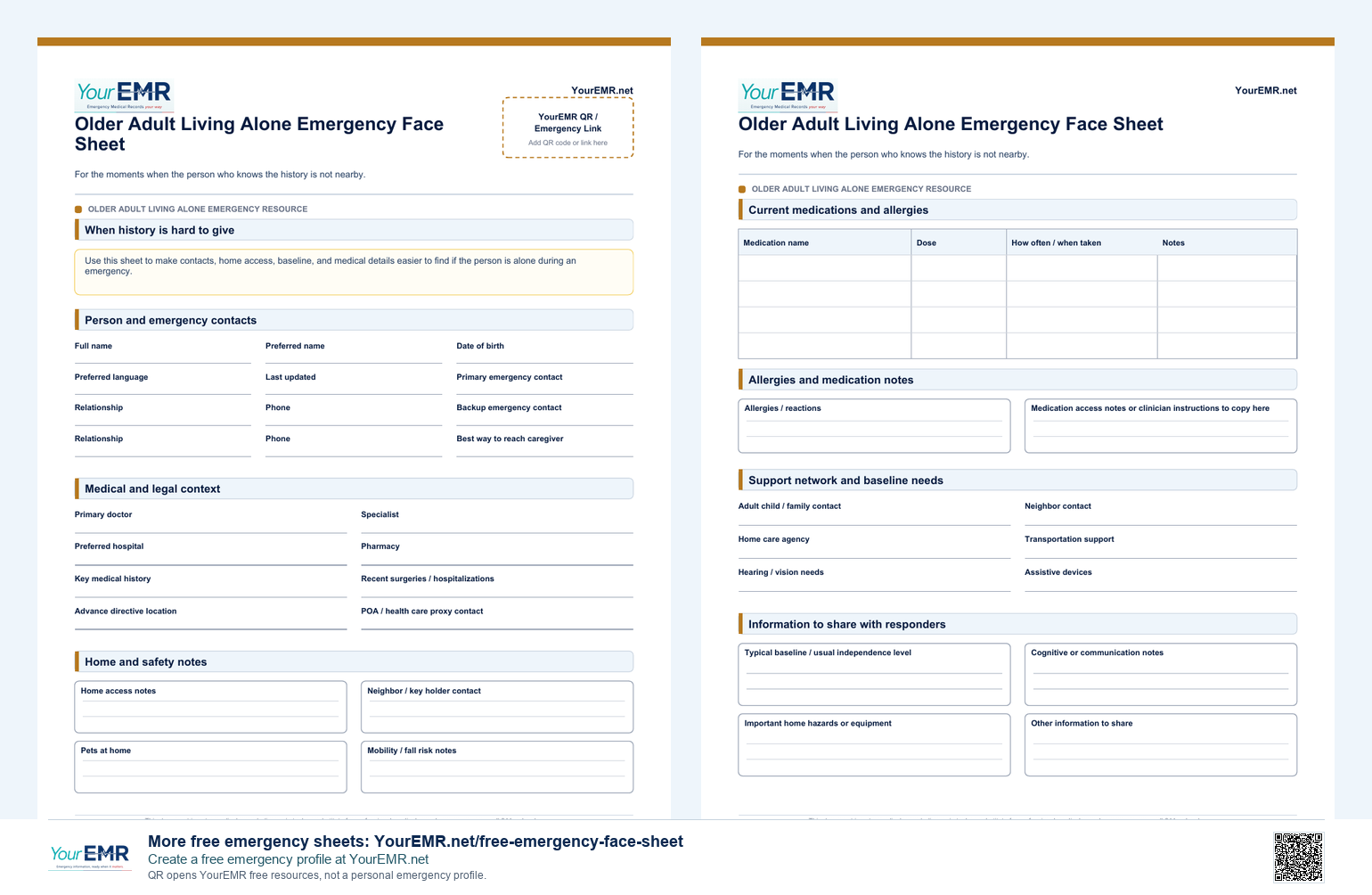 Preview of the YourEMR older adult living alone emergency information sheet.